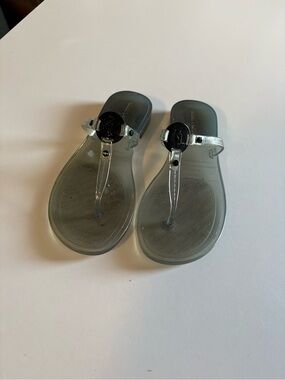 Karl Lagerfeld Clear Gray Jelly Thong Sandals with Black Logo Accent